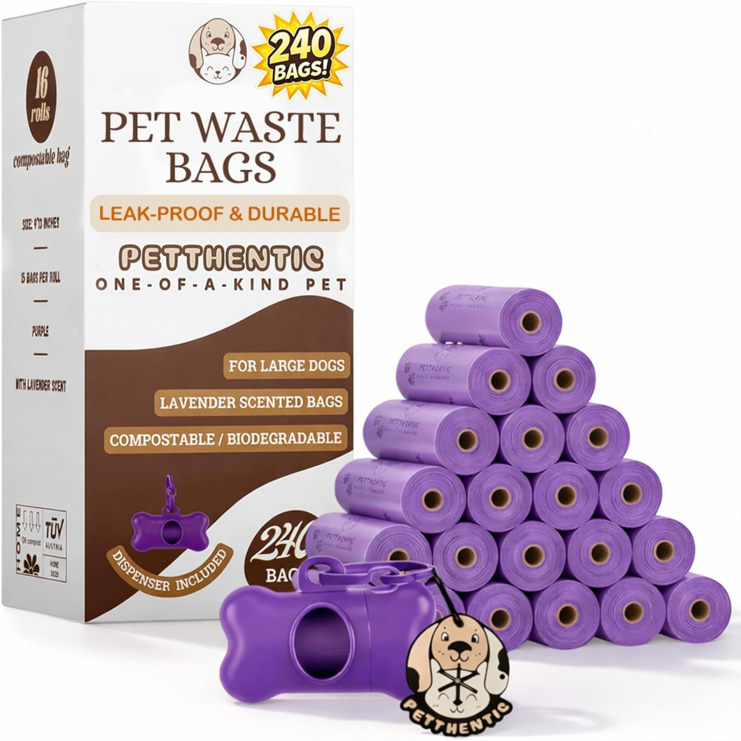 PETTHENTIC Biodegradable Dog Poop Bags | 240 Count + Dispenser Included | Eco-Friendly